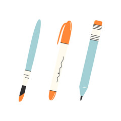 Paint brush and pens isolated on white background. Education, stationery concept. Vector illustration.