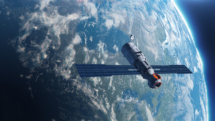 Fototapeta na wymiar illustration with an artificial satellite in orbit around the earth on the theme of space industry technology