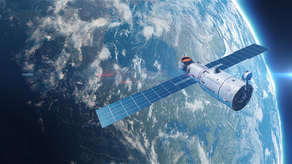 illustration with an artificial satellite in orbit around the earth on the theme of space industry technology
