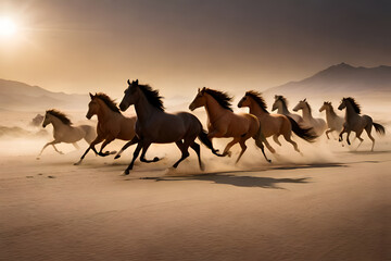 Fototapeta na wymiar A majestic herd of wild horses gallops across an expansive desert landscape, kicking up dust as they move. (Generative AI, Generativ, KI)