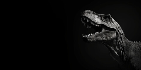 Black and white photorealistic studio portrait of a Tyrannosaurus Rex on black background. Generative AI illustration