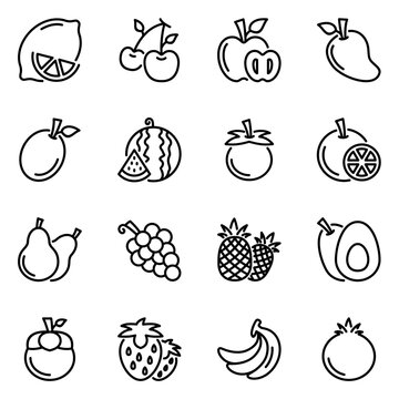 fruit line icons set. tropic, stroke, lined, vitamin, outline, vegetarian, health, nutrition, grape, juice, illustration, lime, pear, strawberry, apple, tropical