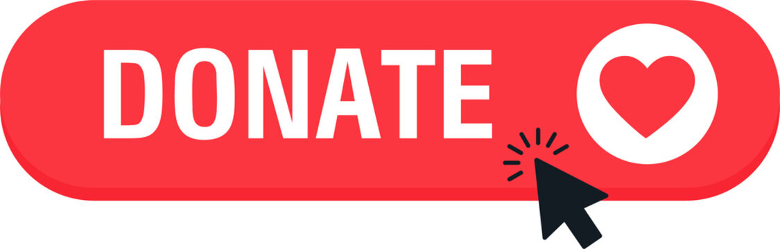 Donate web button. Red button with heart. Symbol of financial aid. Illustration