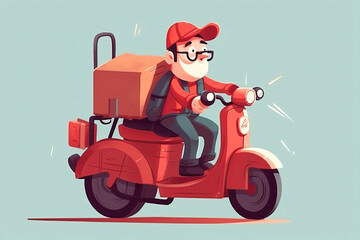 Fototapeta na wymiar A parcel carrier riding a red scooter against the backdrop of the urban landscape. Generative AI illustration.