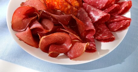 meat slices on a plate. traditional spanish sausage with beef jerky closeup. salchichon, chorizo and prosciutto on a light background. serving cold cuts. antipasto in sunlight.