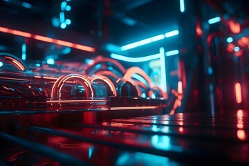 Fototapeta Bright neon lights in blue and red colors. , .highly detailed,   cinematic shot   photo taken by sony   incredibly detailed, sharpen details   highly realistic   professional photography lighting   li obraz
