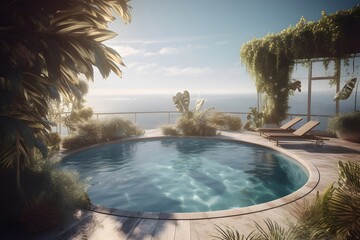 Fototapeta 3d sea view pool with foliage and sunshine , .highly detailed,   cinematic shot   photo taken by sony   incredibly detailed, sharpen details   highly realistic   professional photography lighting   li obraz