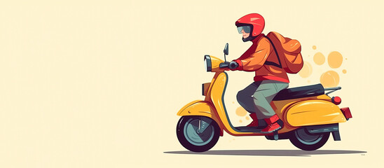 A parcel deliveryman riding a yellow scooter. Generative AI illustration. copying space. Panoramic background.