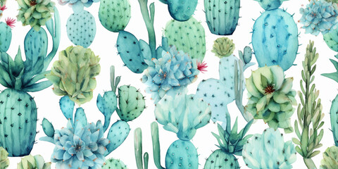 Watercolour Seamless Surface Pattern Tile: Bright Teal & Pink & Purple Modern Delicate Cacti Cactuses  Pattern on White Isolated Background: Textiles, Wallpaper & Home Decor. Generative AI.