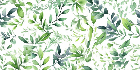 Watercolour Seamless Surface Pattern Tile: Bright Fresh Green Delicate individual flowers, Herbs: Floral  Pattern on White Isolated Background: Textiles, Wallpaper & Home Decor. Generative AI.
