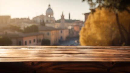 Wood table mockup with Rome city street in shallow depth of field. Copy space for product. Generative AI