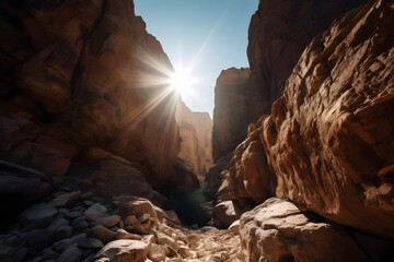 Canyon with bright sun shining through narrow opening , .highly detailed,   cinematic shot   photo taken by sony   incredibly detailed, sharpen details   highly realistic   professional photography li - obrazy, fototapety, plakaty
