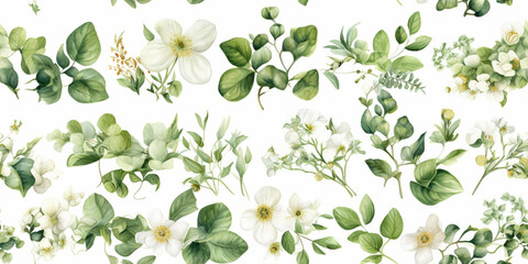 Watercolour Seamless Surface Pattern Tile: Bright Fresh Green Delicate individual flowers, Herbs: Floral  Pattern on White Isolated Background: Textiles, Wallpaper & Home Decor. Generative AI.