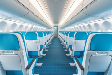 Fototapeta premium Empty aircraft blue interior light. Generate Ai