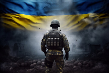 Back of soldier against Ukrainian flag in ruined city. War in Ukraine concept. Generative AI.