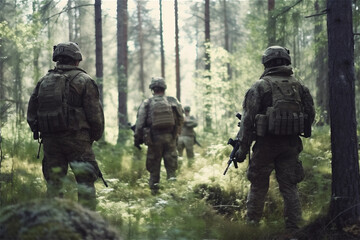 Fototapeta premium Back of group soldiers in deep forest. Special forces war operation. Generative AI.