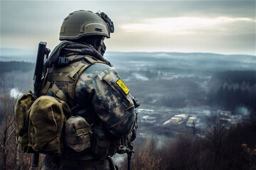 Obraz premium Back of soldier. Special forces war operation. Generative AI.