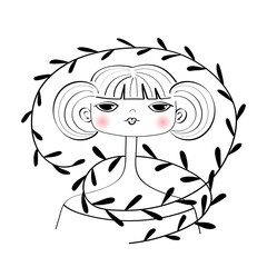 Face line art. Abstract portrait of a girl with a plant. Minimalist vector icon of people. For postcards, tee print, wallart, poster, cover, web, packaging design, social media stories, beauty salon.