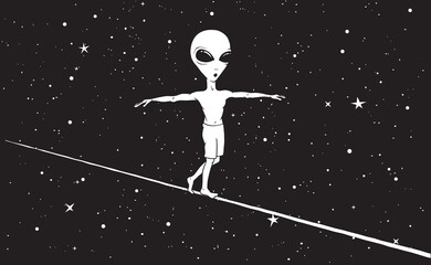 Cute alien walks on a tighrope in space