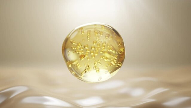 Animation 3D Golden Collagen Skin Serum and Vitamin illustration isolated on yellow color background. concept skin care cosmetics solution. 3d rendering.	