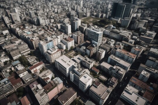 business building top skyscraper urban architecture aerial view street city. Generative AI.