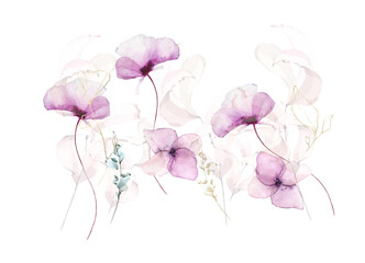 Floral arrangement watercolor painted. Field of growing pink twigs, violet poppy, hydrangea flowers, golden elements. 