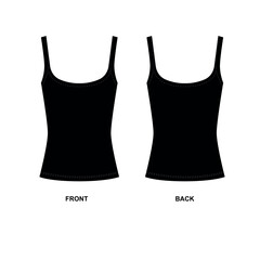 Vector illustration of a black knitted tank top. T-shirt template with round neckline. Drawing of a women's tank top front and back view.