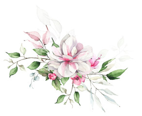 Greenery arrangement watercolor painted. Bouquet with greenery, green leaves, white lotus and other pink wild flowers. 