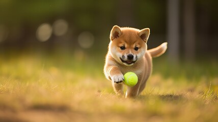 Adorable Shiba Inu Pup Playing with a Tennis Ball