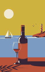 A bottle of wine and a glass of wine against the backdrop of a seascape. Recreation concept. Restaurant by the sea. Retro style.