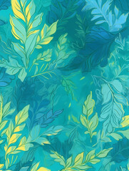 Fototapeta premium Nature-inspired design showcases the beauty of trees, leaves, and plants in various shades of green and blue, celebrating the essence of spring and summer. Drawing of foliage. Generative AI.