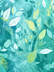 Nature-inspired design showcases the beauty of trees, leaves, and plants in various shades of green and blue, celebrating the essence of spring and summer. Drawing of foliage. Generative AI.
