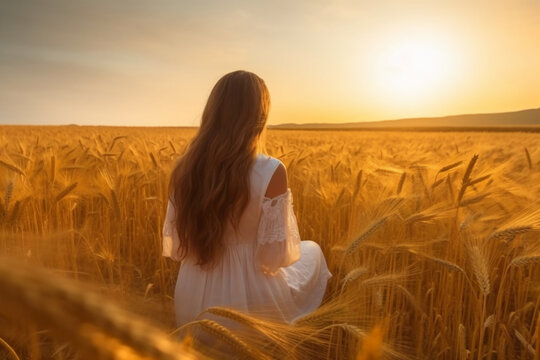 Woman with long hair in ripe wheat field planning harvest activity gold sunrise. AI generative