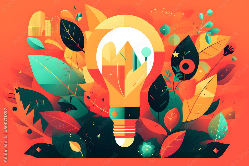 Wall mural Image of light bulb surrounded by leaves and plants on orange background. Generative AI.