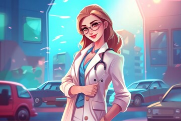 cartoon illustration of friendly woman doctor ai generative, medical and health concept
