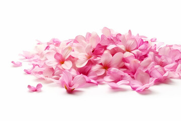Pile of pink flowers on white background with pink petals on the bottom of the petals. Generative AI.