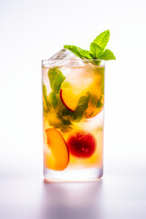 Glass of ice tea with peaches and mint on white background. Generative AI.