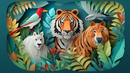 Fototapeta na wymiar Wild animals in jungle forest. Illustration art in paper fold and cut style. Created by generative Ai