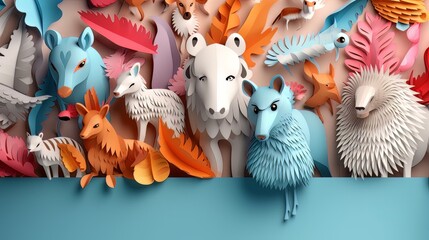 Wild animals in jungle forest. Illustration art in paper fold and cut style. Created by generative Ai