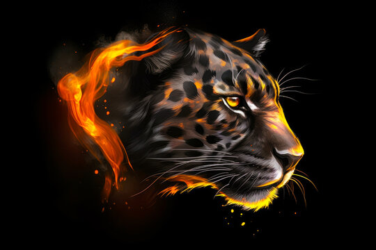 Close up of leopard's face on black background with fire. Generative AI.