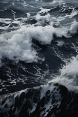 Dark black and white close-up photo of an ocean wave captures the raw power and beauty of nature, contrasting foamy white water with deep black hues. Minimalist monochrome sea landscape. Generative AI
