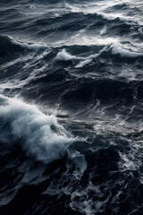 Fototapeta premium Dark black and white close-up photo of an ocean wave captures the raw power and beauty of nature, contrasting foamy white water with deep black hues. Minimalist monochrome sea landscape. Generative AI