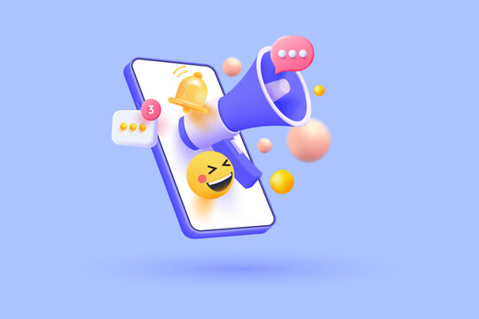 3D Mobile Phone with post in social media and Megaphone. Online promotion and marketing. Newsletter and adverting. Cartoon creative design icon isolated on purple background. 3D Vector Rendering