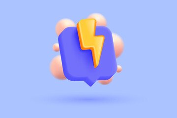 3D thunder bolt icon on purple background. Striking of thunderbolt energy spark, flash lightning, danger and power. 3d lightning strike. 3d vector render illustration