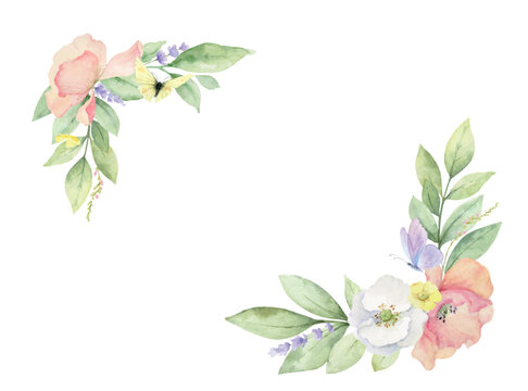 Wildflowers and Butterflies Watercolor vector wreath isolated on white background.