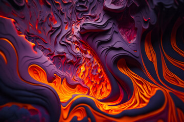 Close up view of purple and orange abstract design with red center. Generative AI.