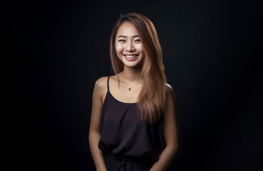 Asian woman is elegantly posing in a sleek black top and cloth against a pitch-black background, her captivating smile shining through. generative AI.