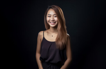 Fototapeta premium Asian woman is elegantly posing in a sleek black top and cloth against a pitch-black background, her captivating smile shining through. generative AI.