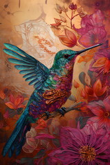Image of hummingbird perched on branch with flowers in the background. Generative AI.