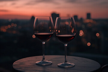 2 Glässer Rotwein spät abends bei Sonnenuntergang in der Stadt. Querformat. Generative Ai. - obrazy, fototapety, plakaty